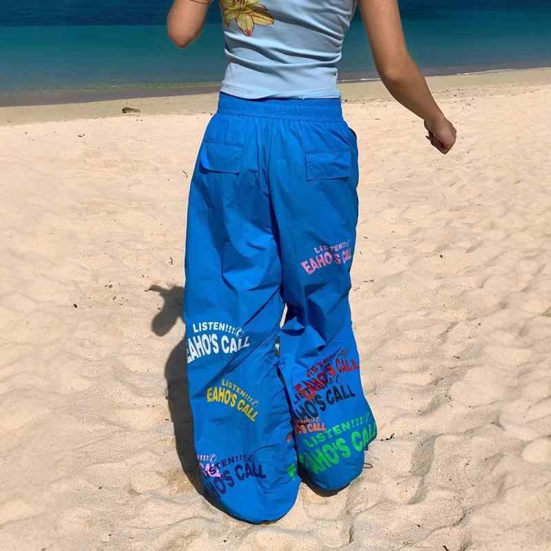 パンツ メンズ レディース 男女兼用 アメカジ ストリート カジュアル ロゴプリント ドローストリング ウエストゴム ゆったり ルーズ ワイド パラシュートパンツ ロングパンツ 着痩せ 微ストレッチ 春秋 ポリエステル