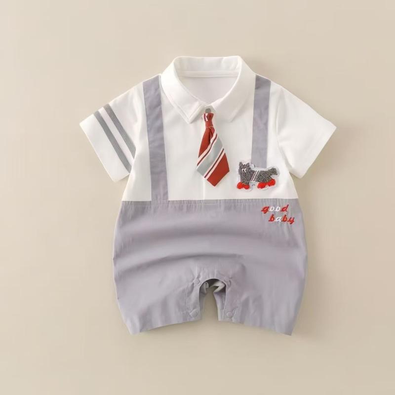 ロンパース ベビー 男の子 女の子 新生児 乳幼児 綿100% 半袖 薄手 春夏 韓国風 紳士風 おしゃれ お出かけ 蝶ネクタイ 子犬柄 グレー