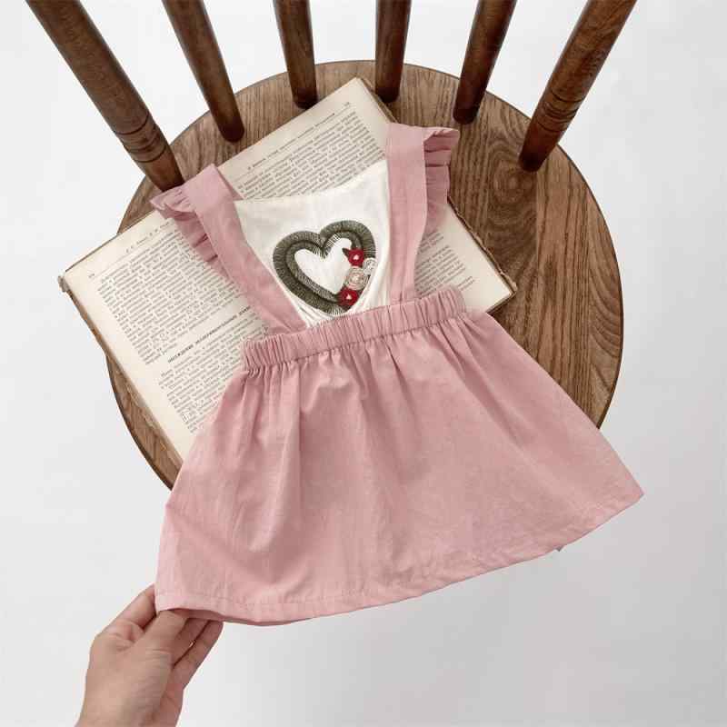 ジャンパースカート ベビー 女の子 刺繍ハート柄 フリル袖 肌に優しい コットンブレンド 春秋物 サロペットワンピース ローズレッド切り替えベージュ 韓国子供服