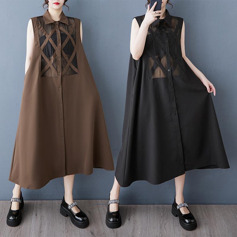 ワンピース レディース 女性用 春秋 ゆったり ビッグサイズ 大きいサイズ メッシュ切り替え シースルー カジュアル シンプル かわいい エレガント ノースリーブ シャツワンピース 通勤 フリルデザイン ホルターネック ロング丈 マキシ丈