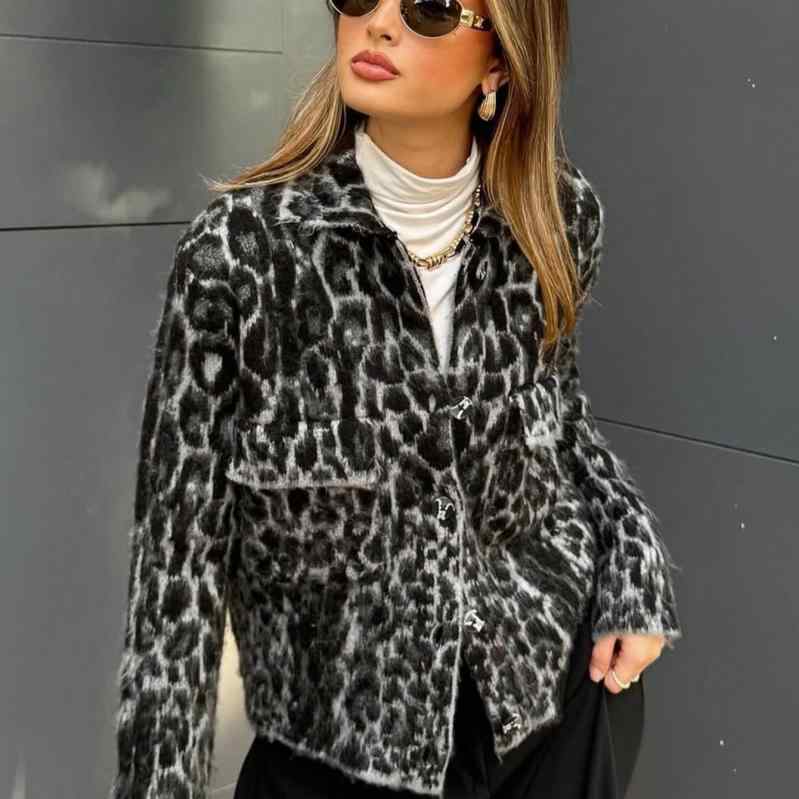 ジャケット レディース 春夏 アニマル柄 ジャカード ニット 長袖 ゆったり 襟付き シングルボタン ストリートスタイル ポリエステル ミドル丈