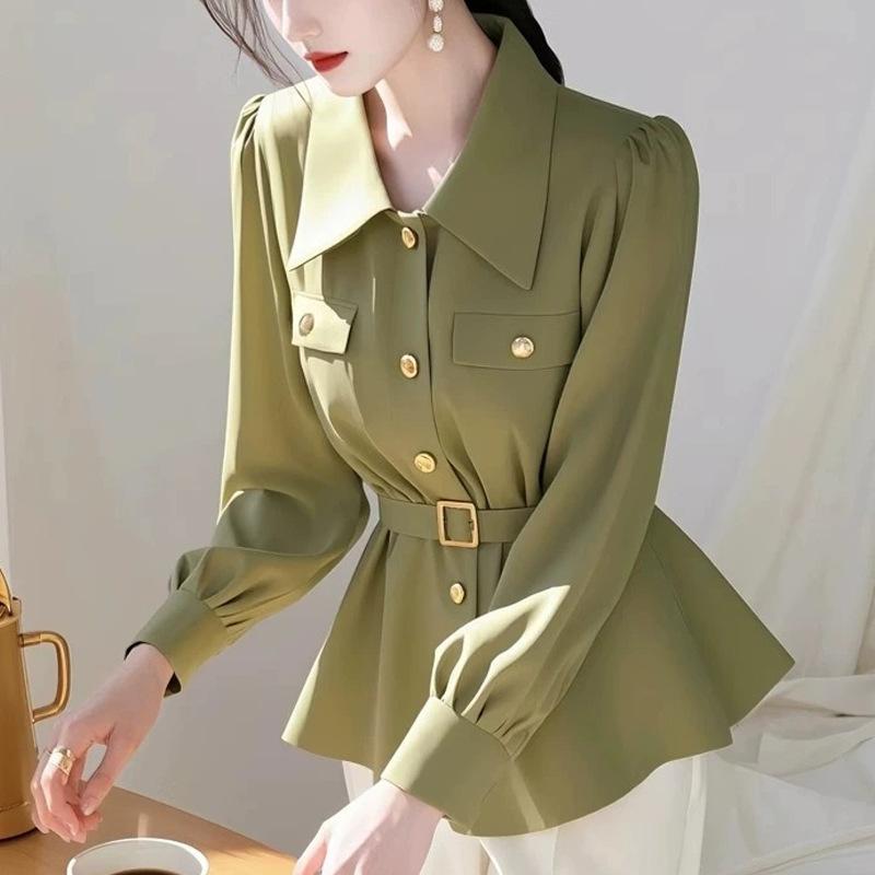 ブラウス レディース オフィス 通勤 フレンチスタイル きれいめ 大人カジュアル オリーブグリーン ウエストマーク 長袖 高級感 ポロカラー ポリエステル