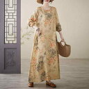 ワンピース レディース 春夏 体型カバー ゆったり 綿100% プリント 花柄 ラウンドネック 長袖 ロング丈 ティアードスカート 通勤 オフィス リゾート 大きいサイズ L XL 2XL 3XL 大人カジュアル きれいめ