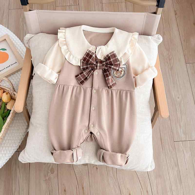 ロンパース 女の子 ベビー 新生児 綿 コットン A類安全基準 肌に優しい 縫い目なし 長袖 前開き プリンセス 春秋 お宮参り 百日祝い お出かけ カバーオール ブラウン