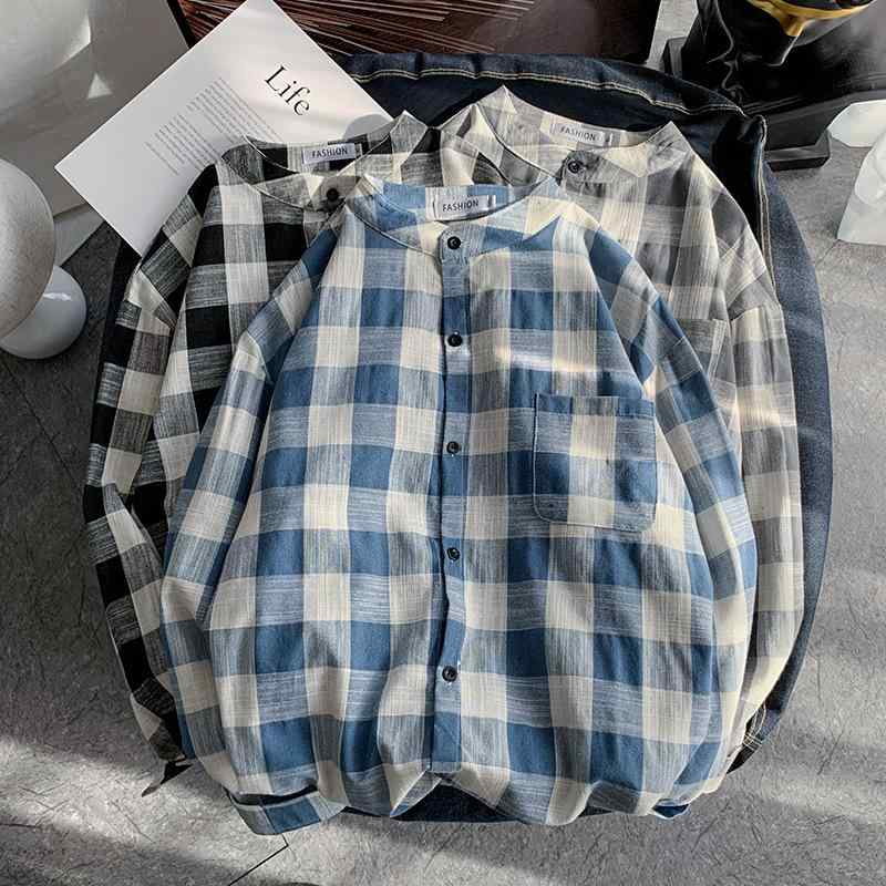 シャツ メンズ イージーケア スタンドカラー 七分袖 チェック柄 ビッグシルエット ゆったり カジュアル 春秋 綿混紡 普段使い(4)