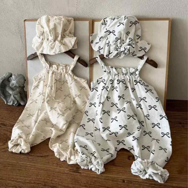 ベビー服 女の子 夏物 純綿 ロンパース サロペット ノースリーブ リボン プリント コットン100% カバーオール 帽子付き 韓国風 肌に優しい 股下スナップボタン 出産祝い オフホワイト アプリコット