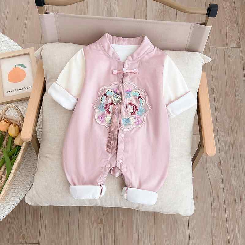 ロンパース カバーオール 女の子 ベビー ピンク 長袖 チャイナ風 コットン素材 安心素材 肌に優しい 前..