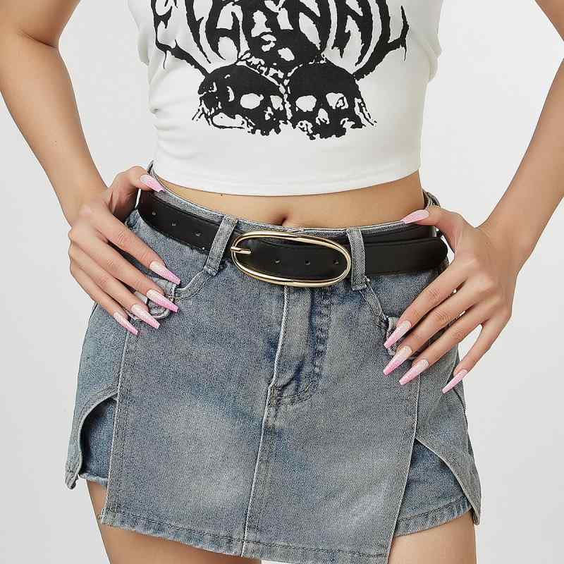 ベルト レディース 韓国ファッション 装飾ベルト デニム ジーンズ用 ブラック PUレザー 合金製 オーバルバックル ピンバックル 2.8cm幅 ナッパ加工 シンプル おしゃれ カジュアル 通勤 通学 着回し オールシーズン ウエストベルト