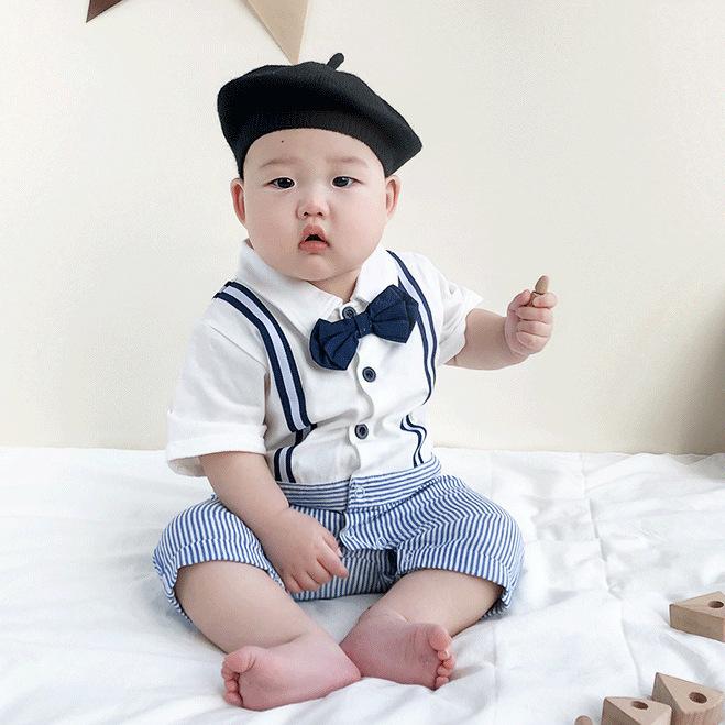ロンパース 男の子 ベビー 新生児 0歳 1歳 通気性抜群 接触冷感 薄手 綿混 半袖 フェイクレイヤード 蝶ネクタイ 英国風 紳士 ストライプ 春夏 出産祝い