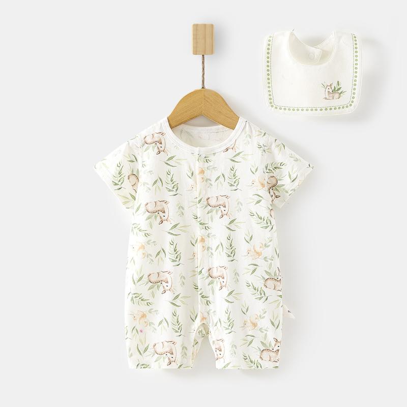 ロンパース ベビー 赤ちゃん 半袖 接触冷感 薄手 無縫製 綿95% 吸湿速乾 通気性 前開き スナップボタン 男女兼用 肌に優しい 春夏 冷房対策 部屋着 パジャマ お出かけ かわいい 動物柄 花柄 出産祝い ギフト 60 70 80 90 100