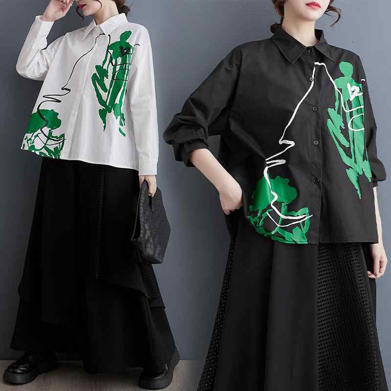 シャツ レディース ゆったり 体型カバー 着痩せ 長袖 アートプリント 個性的デザイン ポロ襟 通勤 オフィス きれいめ 大人カジュアル 大きいサイズ