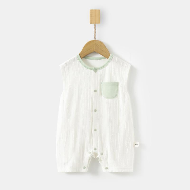 ・カテゴリ: ショート丈ロンパース、カバーオール・スタイル: カジュアル・主な素材: 綿48%・素材: ジャカード・性別: ユニセックス・袖丈: ノースリーブ・厚さ: 薄手・開閉: シングルボタン・カラー展開: カフェオレ、グリーン・サイズ展開: 66cm、73cm、80cm、90cm