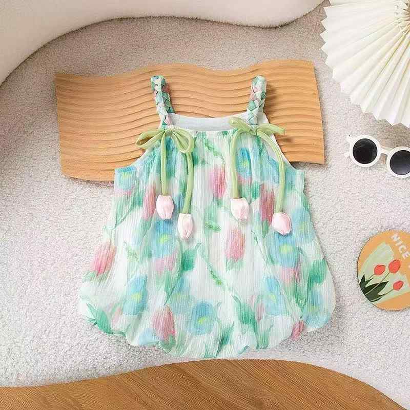 ロンパース ベビー 女の子 女児 夏用 薄手 さらさら 涼しい 綿混素材 おしゃれ 韓国風 かわいい チューリップ柄 キャミソール カバーオール オールインワン お出かけ着