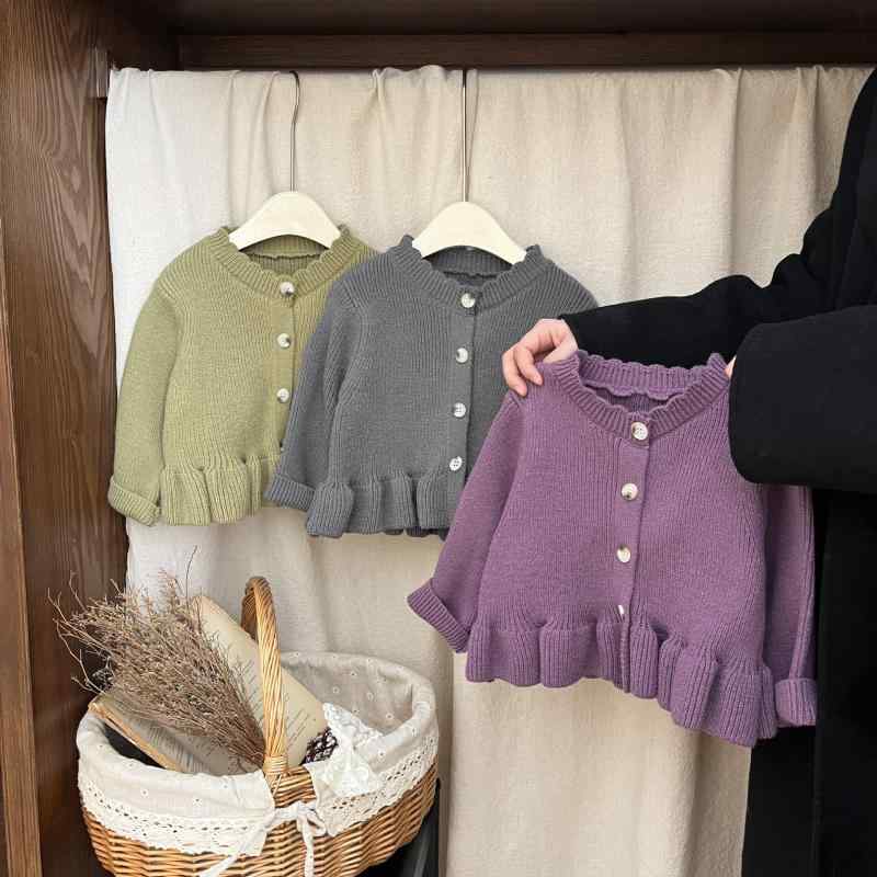 カーディガン ベビー 女の子 韓国風 ニット フリル フレア裾 厚手 柔らかい おしゃれ かわいい 春秋 着回し 万能 前開き ラウンドネック アクリル