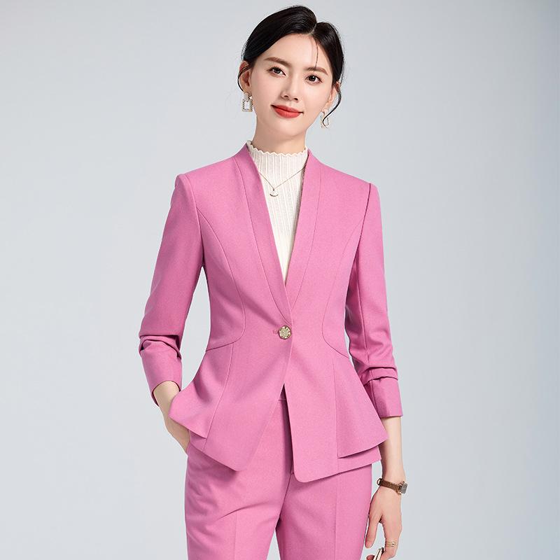 スーツ レディース ピンク セットアップ 高級感 小柄向け 長袖 長パンツ オフィス ビジネス 通勤用 美容院 受付 制服 事務服 春秋 上品 エレガント ポリエステル レーヨン