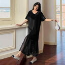 ワンピース レディース ゆったり 大きいサイズ 夏季 切り替え 黒チェック柄 地模様 マーメイドライン 半袖 ニット素材 ストレッチ シアー プリーツ Vネック カジュアルドレス