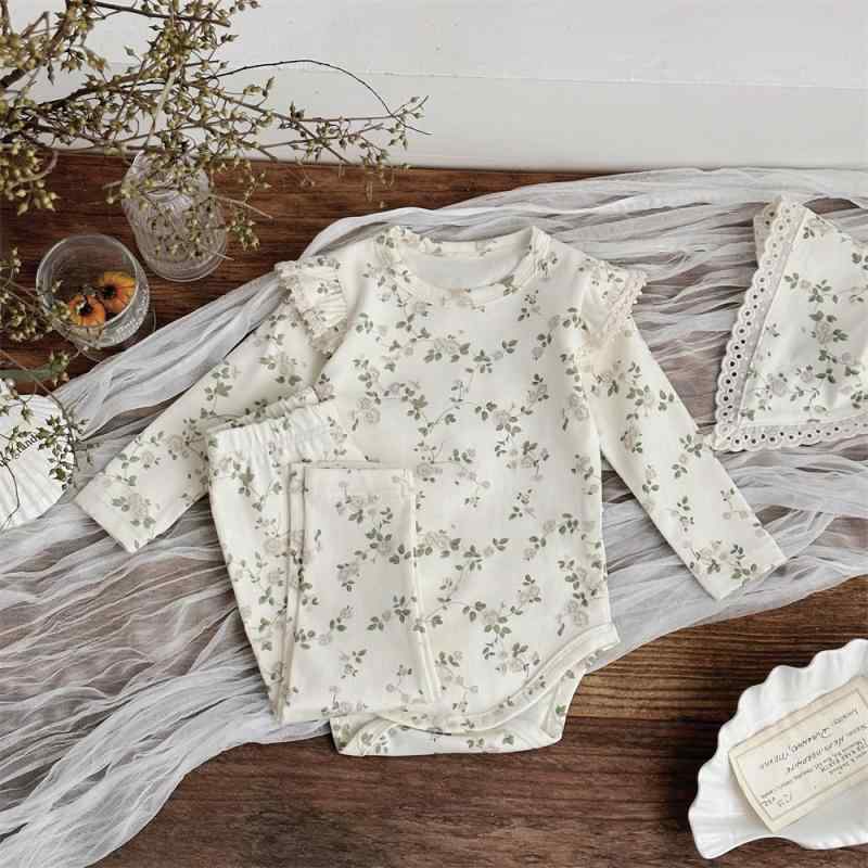 ベビー服 女の子 幼児 レトロ 小花柄 総柄 フリル袖 ロンパース ハイウエストパンツ 上下セット 綿 コットン 吸汗速乾 柔らかい ルームウェア 普段着 おしゃれ かわいい 韓国子供服 春秋