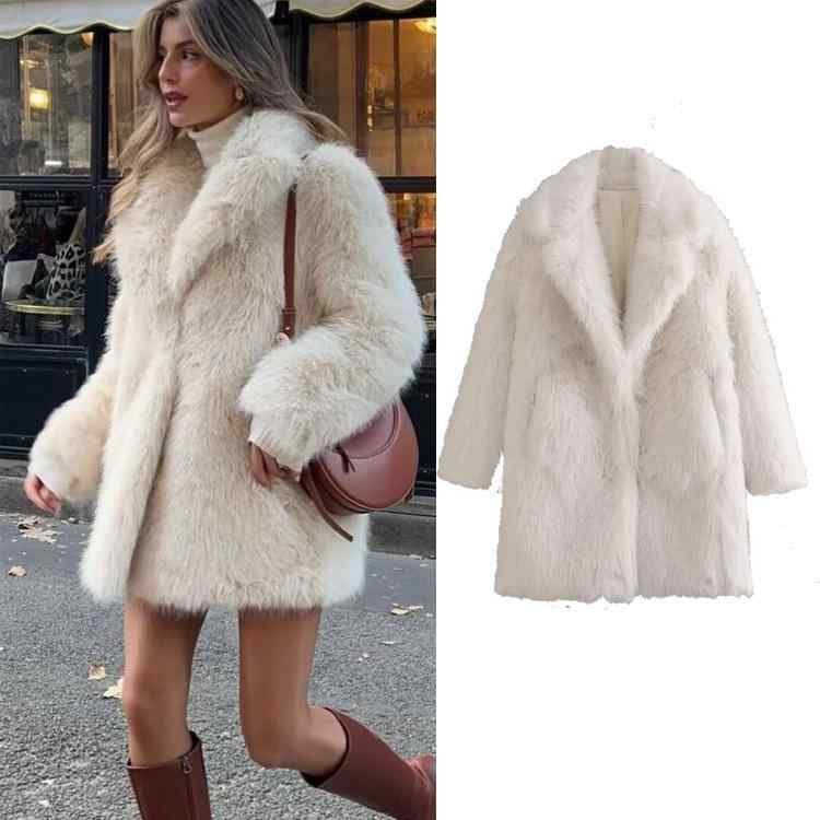フェイクファー コート レディース 春秋 ロング丈 ゆったり 大きいサイズ 体型カバー 長袖 ポケット付き 襟付き 上品 きれいめ ポリエステル カジュアル オフホワイト