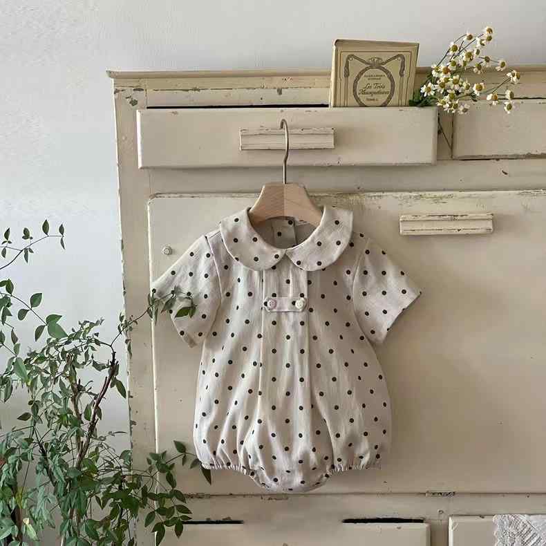 ロンパース ベビー 男の子 女の子 男女兼用 春夏 半袖 ドット柄 ストライプ柄 ボーダー柄 丸襟 スナップボタン 綿95% コットン 股下ボタン ショート丈 韓国風 80cm 90cm 100cm