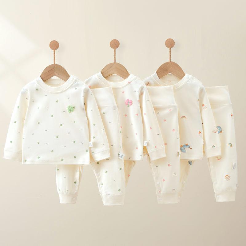 ベビー 肌着セット 男女兼用 長袖 プルオーバー 股下ボタン ハイウエスト 腹巻付き 純綿100% 吸湿速乾 柔らか 春秋 秋冬 かわいい 動物柄