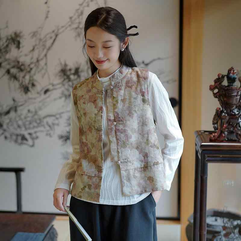 ベスト レディース モダンチャイナ風 高級感 エレガント レトロ クラシック 麻混紡 中綿入り 花柄プリント スタンドカラー シングルボタン きれいめ 通勤 フォーマル