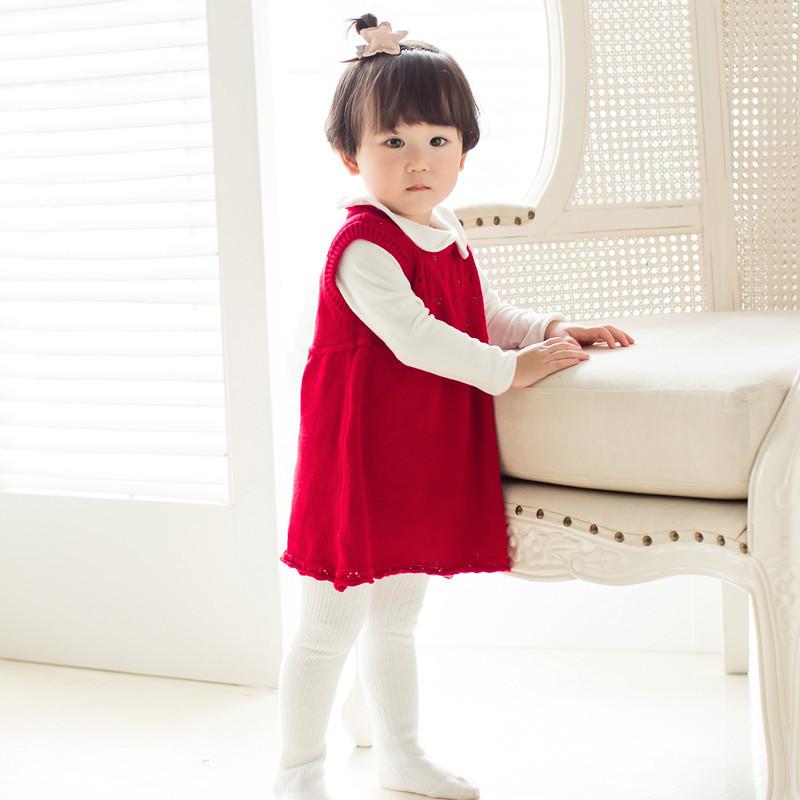 ワンピース ベビー 女の子 綿100% ニット 酵素洗い 韓国風 かわいい 丸襟 Aライン 無地 アイボリー レ..