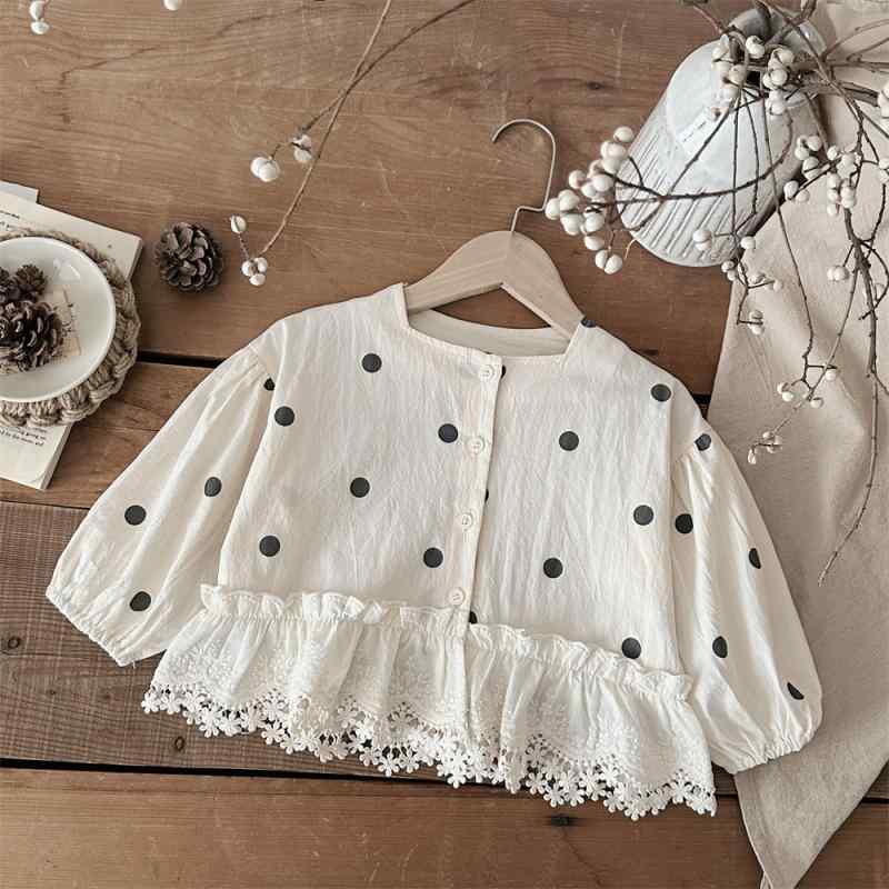 カーディガン ベビー キッズ 女の子 韓国風 プリンセス ドット柄 プリント パフスリーブ 長袖 切り替え レース フリル フロントボタン コットン やわらか 春秋 アウター ジャケット 羽織り ベージュ