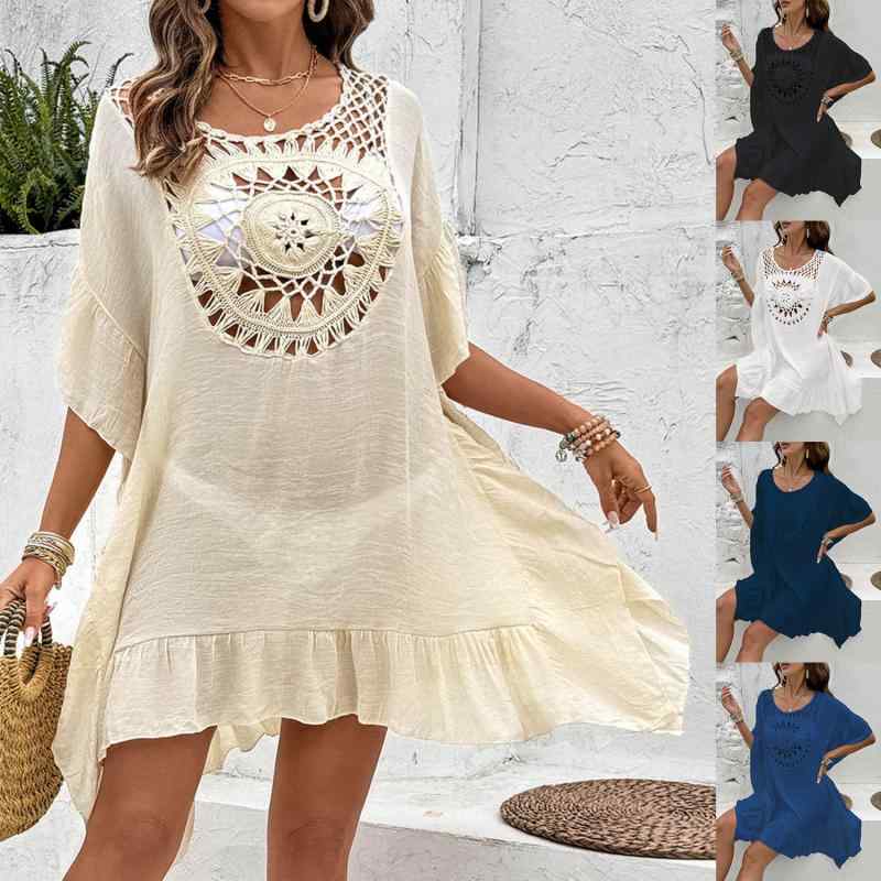 ビーチカバーアップ レディース かぎ針編み 切り替え フリンジデザイン 水着 ビキニ 羽織り ゆったり 体型カバー ポリエステル ノンワイヤー パッドなし フリーサイズ 春夏