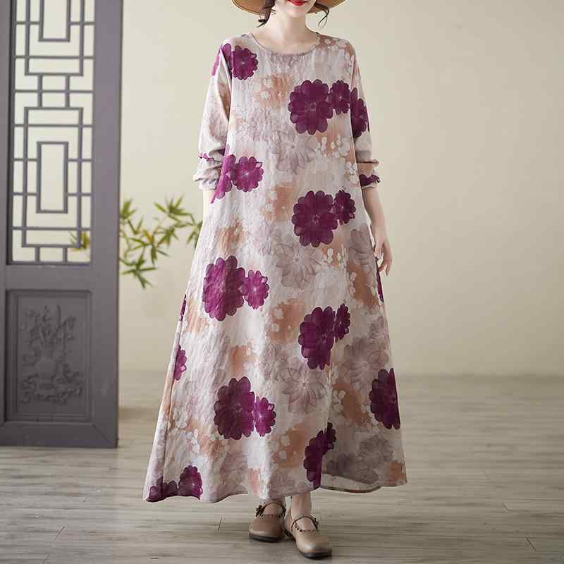 ワンピース レディース 大きいサイズ ゆったり 綿麻素材 プリント柄 ロング丈 丸首 長袖 リゾート 旅行 普段使い ストリート カジュアル リラックススタイル