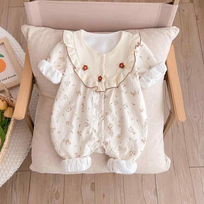 安全基準Aクラス 綿95% 縫い目なし 薄手 ロンパース 女の子 ベビー 乳児 春秋 小花柄 プリンセス かわいい ジップアップ カバーオール おしゃれ