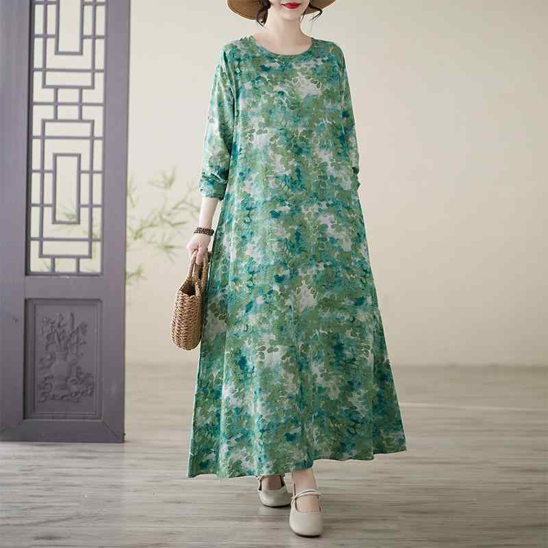 ワンピース レディース 大きいサイズ プラスサイズ 綿麻 コットンリネン プリント 丸首 ゆったり 長袖 マキシ丈 リゾート カジュアル 快適 プルオーバー