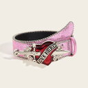 ベルト レディース ピンク スパンコール ハートモチーフ 剣デザイン ビッグバックル PUレザー 電気メッキ加工 合金バックル アシンメトリー 個性的 カジュアル ストリート ヒップホップ おしゃれ 万能