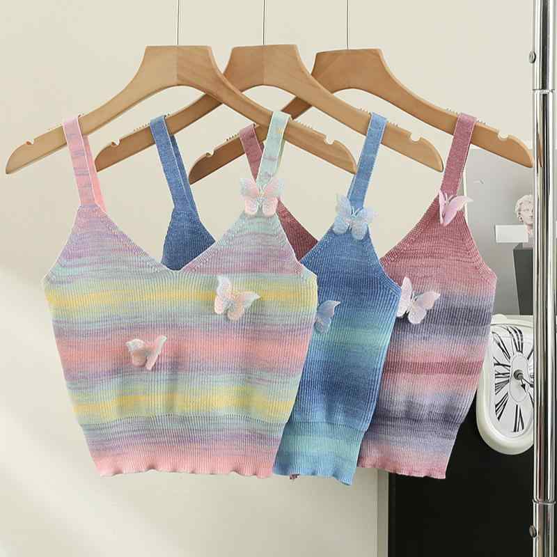 キャミソール レディース ニット 虹色 ストライプ 立体 バタフライ 甘辛 スタイル トップス ポリエステル 綿 混紡 伸縮性 デザイン性 おしゃれ カジュアル 春夏 重ね着 フリーサイズ 紫 青 ピンク マルチカラー