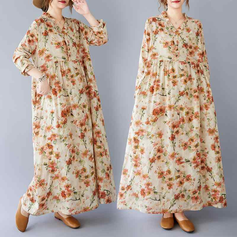 ワンピース レディース 春夏 レトロ クラシック 綿麻 フラワープリント ゆったりカジュアル 木耳フリルハイネック 長袖 ロング丈 フレア Aライン