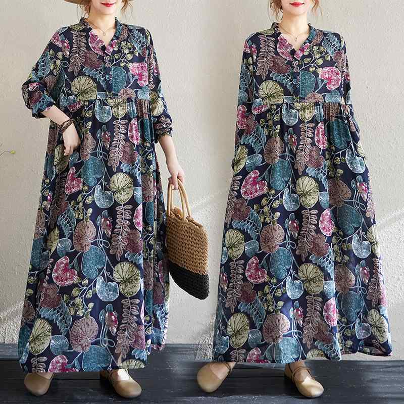 ワンピース レディース 春夏 涼しい 綿麻素材 花柄プリント レトロ フリル襟 長袖 ゆったり 体型カバー フレア ロング丈 マキシ丈 カジュアル 普段使い リゾート Aラインワンピース