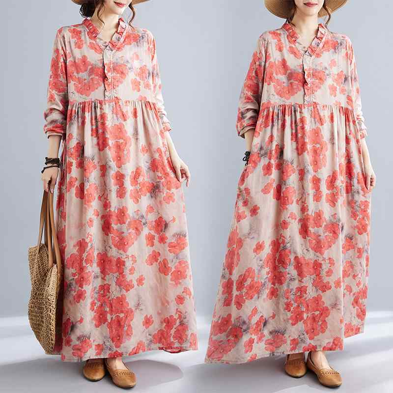 ワンピース レディース 秋冬 レトロ 綿麻 花柄 ゆったり ルーズ 体型カバー フリル袖 長袖 Vネック Aライン フレア ロング丈 快適カジュアル
