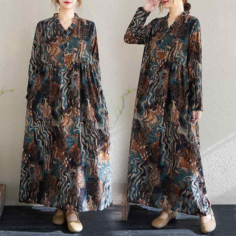 ワンピース レディース 春夏 レトロ 大人カジュアル ストリートスタイル 綿麻 コットンリネン プリント..