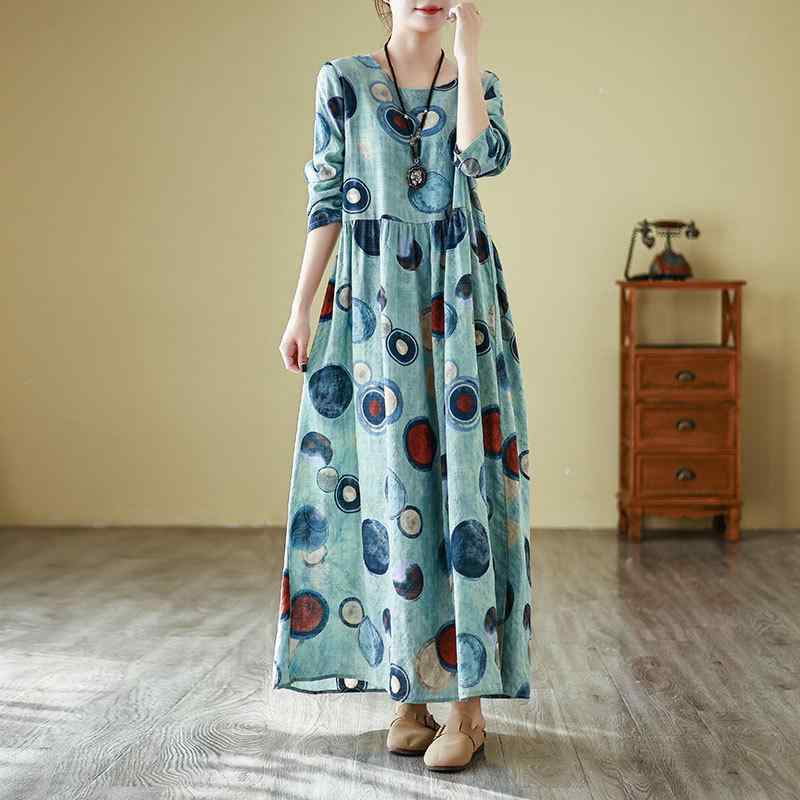 ワンピース レディース 女性用 春秋冬 体型カバー 細見え ゆったり 大きいサイズ 印花柄 ラウンドネック ロング丈 長袖 ミドルウエスト 綿麻素材 快適な着心地 カジュアルスタイル