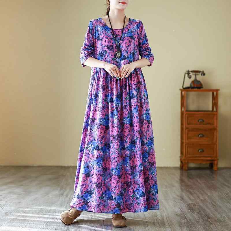 ワンピース レディース 体型カバー 着痩せ効果 ゆったり プルオーバー 長袖 丸首 ラウンドネック 花柄 マキシ丈 ロング丈 レトロ クラシック リゾート 旅スタイル 快適 カジュアル 春夏