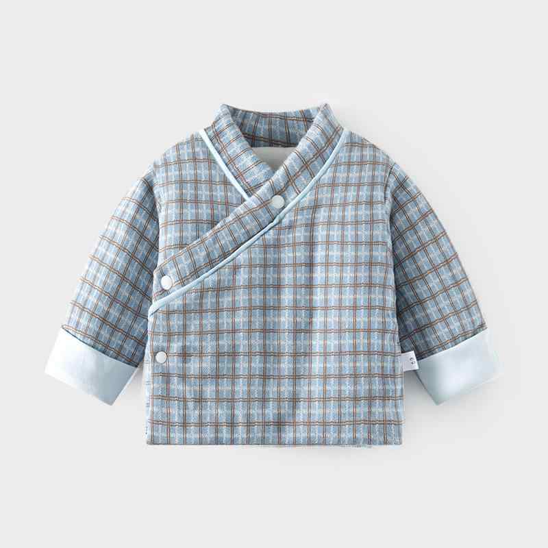 ベビー肌着 新生児 男女兼用 厚手 中綿100g 保温 あったか 腹巻付き Vネック 合わせトップス 綿素材 かわいい 格子柄 冬用