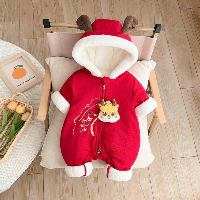 カバーオール ロンパース ベビー 赤ちゃん 男女兼用 厚手 防寒 フード付き チャイナ風 赤 レッド 秋冬 ..