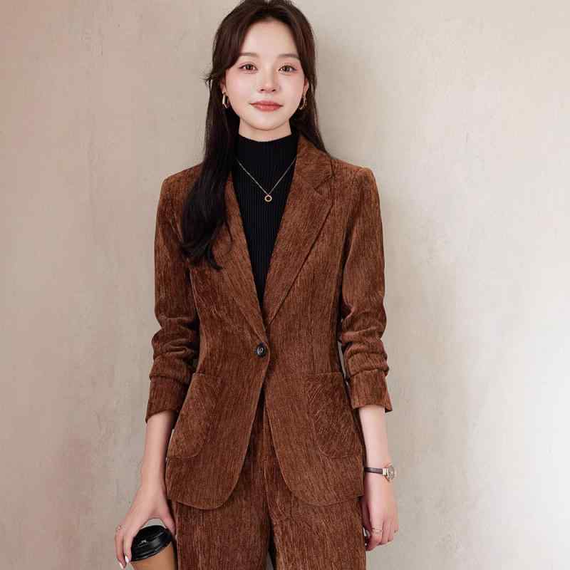 スーツ セットアップ レディース 女性用 ブラウン コーデュロイ ジャケット パンツ オフィス ビジネス 通勤 フォーマル きれいめ 上品 エレガント ストレッチ素材 春秋冬 ツーピース ロング丈
