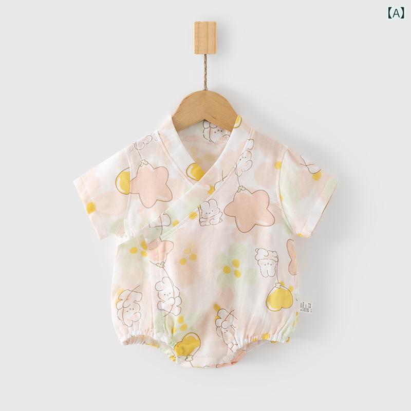 ロンパース ベビー 赤ちゃん 男女兼用 吸汗速乾 薄手 軽量 ガーゼ 綿100% 春夏 半袖 和装風 斜め襟 紐タイプ カバーオール 安心 安全 0歳 1歳 80cm対応