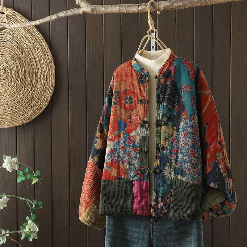 中綿コート レディース 女性用 レトロ ヴィンテージ コーデュロイ 綿麻 ロング丈 スタンドカラー ドルマンスリーブ ゆったり プリント 飾りボタン 厚手 暖かい 通勤 オフィス カジュアル 秋冬