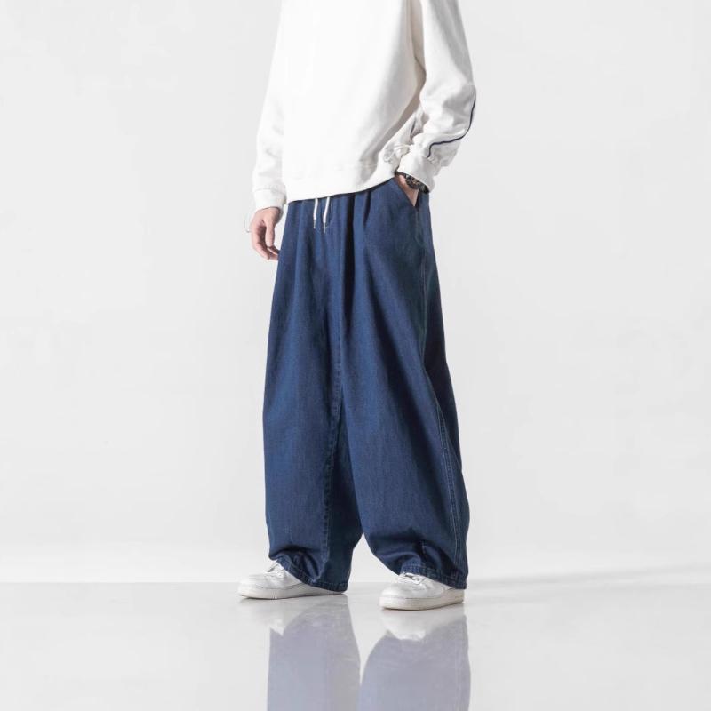 デニムパンツ メンズ 春夏 ウォッシュ加工 ノンストレッチ ミドルウエスト ゆったり ストレート ワイド ワーク 日系 香港スタイル カジュアル 大きいサイズ ビッグサイズ 綿混 ロング丈