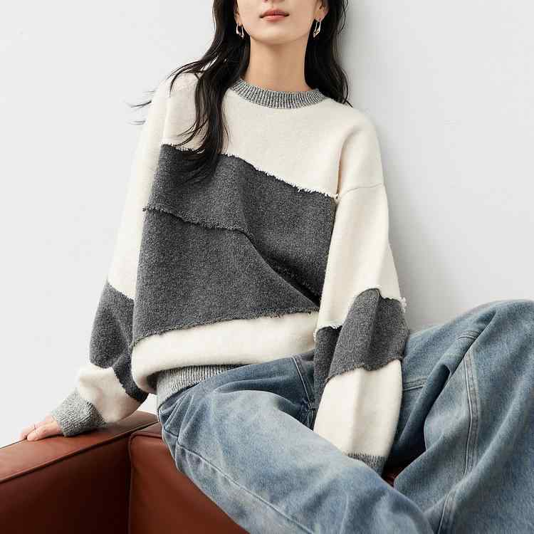 ニット レディース 綿ウール混紡 ポリエステル 切り替え 配色 クルーネック ゆったり プルオーバー 長..