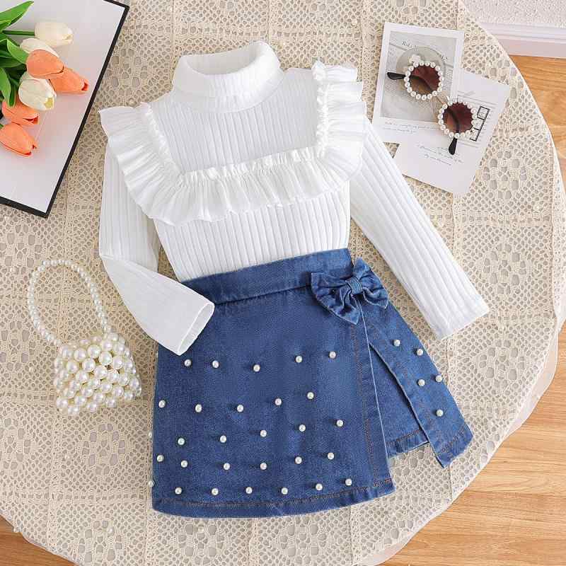 キッズセットアップ 女の子 ハイネック フリル ニットトップス 長袖 パール デニム スカートパンツ 2点セット 秋冬春 綿混 コットン やわらか 肌触り快適 幼児 小学生 カジュアル プルオーバー