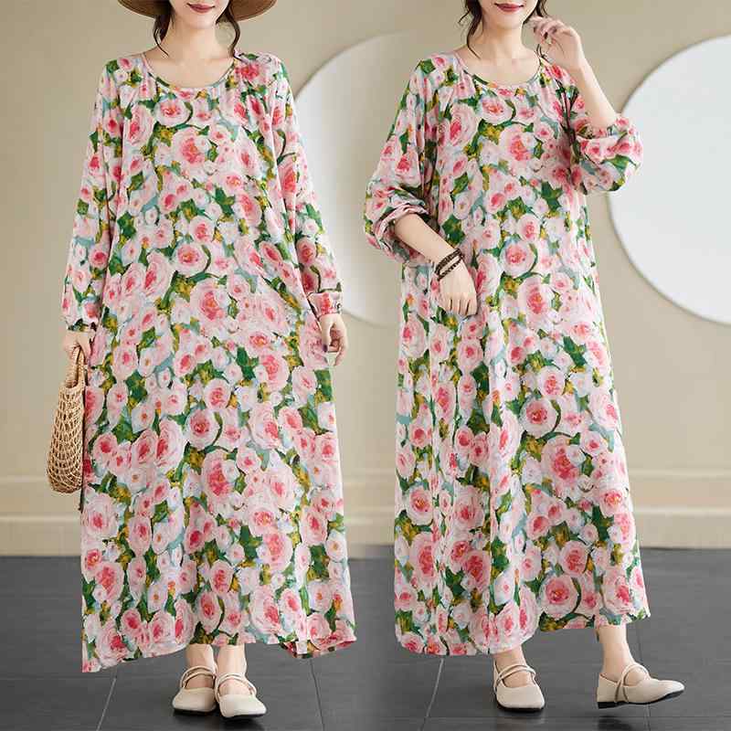 ワンピース レディース 大きいサイズ 長袖 レトロ ヴィンテージ 若見え プリント柄 カジュアル ロング丈 Aラインシルエット ゆったり 綿麻混紡 ラウンドネック リラックスフィット 春夏 お出かけ 部屋着