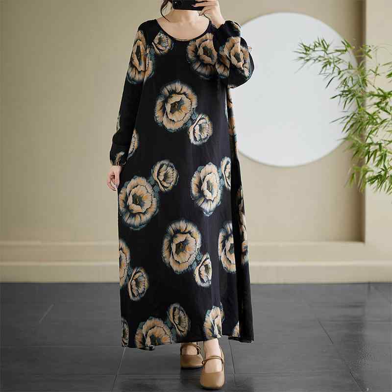 ワンピース レディース 春夏 スウェットワンピース 長袖 ロング丈 体型カバー ゆったりサイズ クルーネック Aライン コットンリネン ストライプ柄 プリント レトロ カジュアル ルームウェア(4)