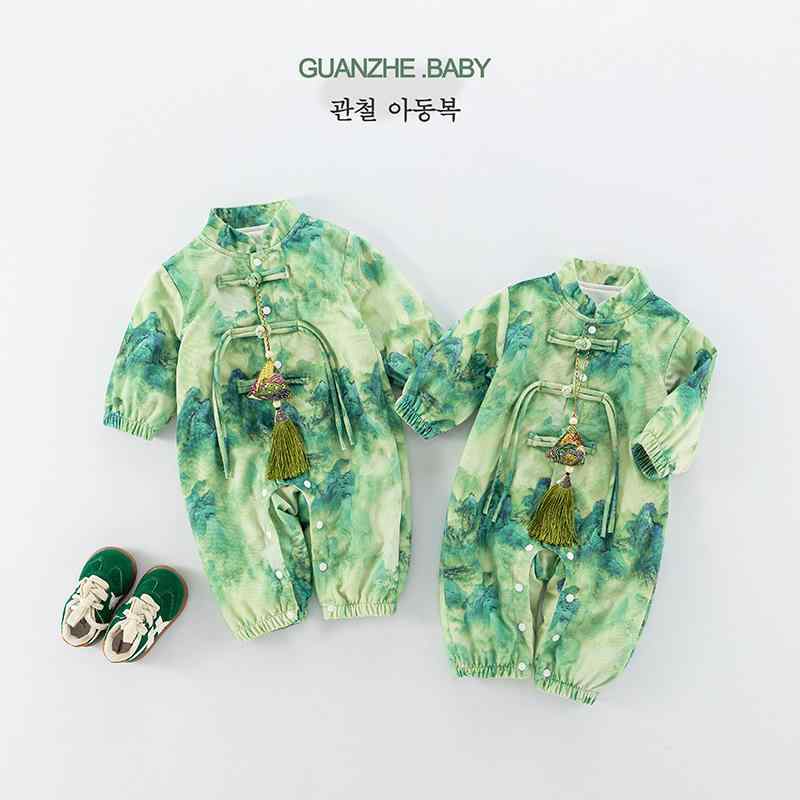 ・カテゴリ: ロンパース・スタイル: 中国風・主な素材: 綿95%・袖丈: 長袖・厚さ: 普通・開閉: シングルボタン・性別: 男女兼用・カラー展開: グリーン・サイズ展開: 66cm, 73cm, 80cm, 90cm